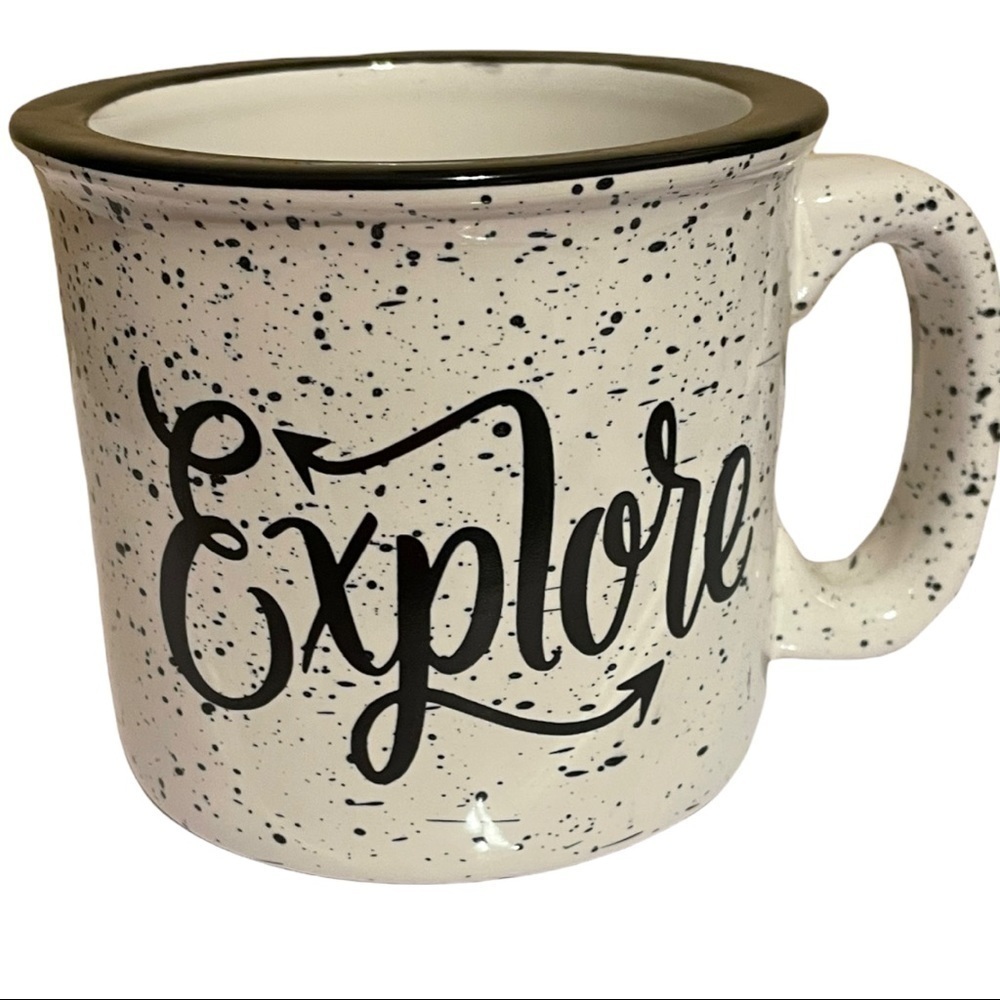 “EXPLORE” pottery mug white w/black speckle